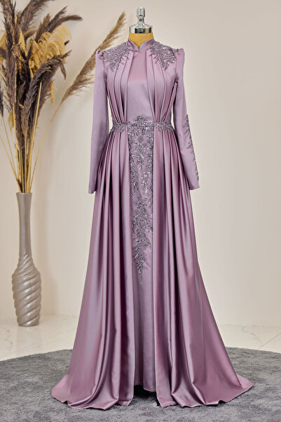 PİENNAR Önü Drapeli Aplikli Karaca Tesettür Abiye Gül Kurusu