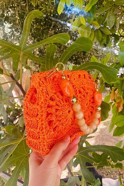 Mila Orange Hand Knitted Motif Paper Rope Bag