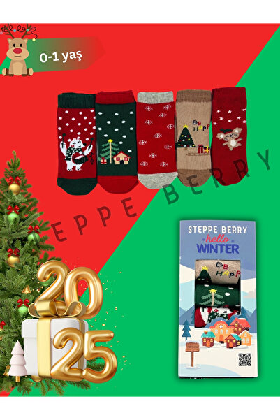 STEPPE BERRY New Year's Gift Colorful Patterned Boxed 5 Pairs of Baby Christmas Socks