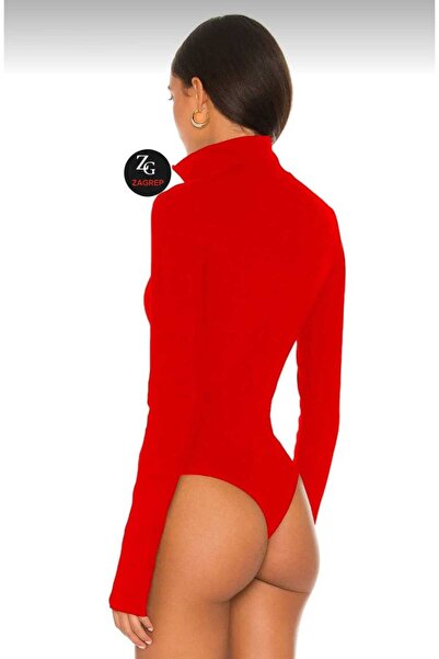 Zagrep Kadın Kırmızı Gizli Fermuarlı Parmak Geçmeli Çift Katlı Ipek Jarse Body