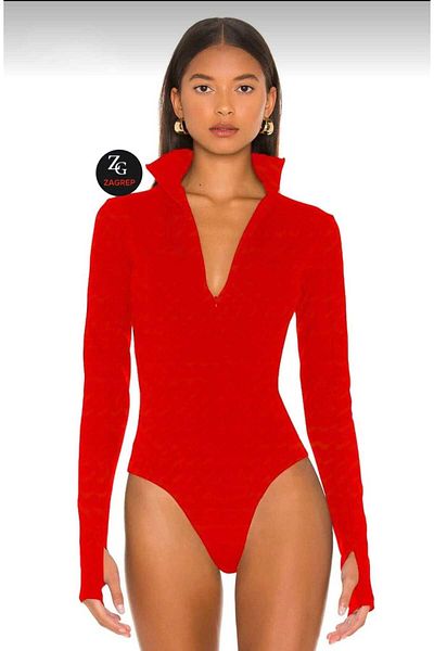 Zagrep Women's Red Hidden Zipper Finger Snap Double Layer Silk Jersey Bodysuit