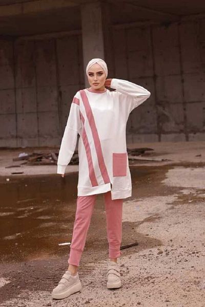 NİSAY BOUTİQUE Women's Stripe Detailed Legs Crew Neck Single Pocket Double Tunic Pants Bottom Top Suit
