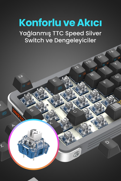 ROYALAXE Y68 PRO Gaming Mekanik Oyuncu Klavyesi, RGB Aydınlatma, Kablolu ve Kablosuz Kullanım, İngilizce Q