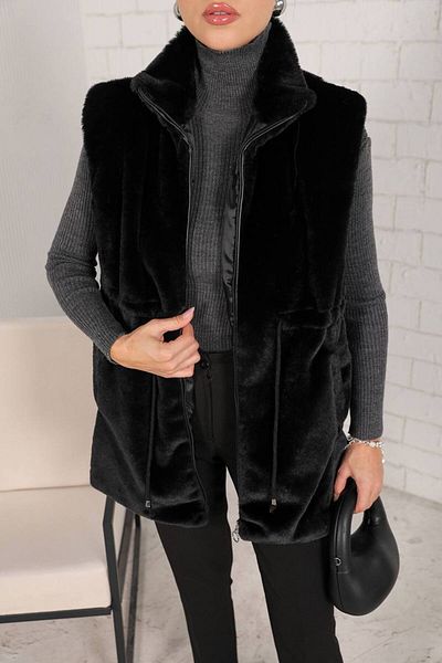 Melike Tatar Women's Faux Fur Waist Tie Detailed Zippered Vest