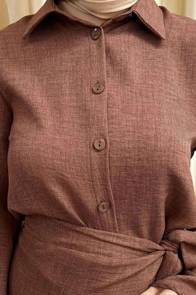 Swana Women's Hijab Clothing Set - Side Tie Detail, Melage Fabric, Brown Skirt and Shirt