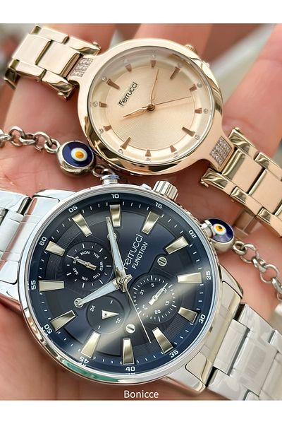 Ferrucci Silver Rose Colored Steel Band Lover Watches with Rosary Bracelet Gift