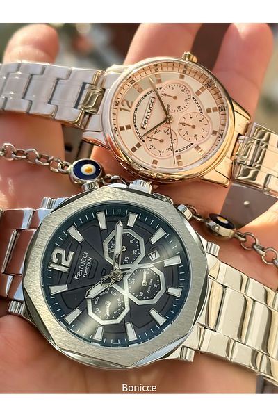Ferrucci Brand Steel Cord Silver Rose Color Dear Couple Wristwatches Rosary Bracelet