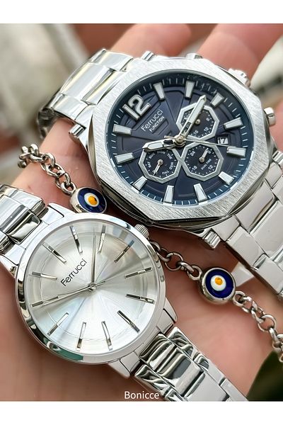 Ferrucci Silver Color Steel Band Lover Watch and Bracelet Set - Double Arms Rosary