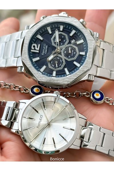 Ferrucci Silver Color Steel Band Lover Watch and Bracelet Set - Double Arms Rosary