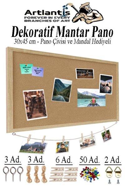 Artlantis Dekoratif Mantar Pano Ahşap Çerçeve 30x45 cm 1 Adet Harita Çivisi Hediyeli Duvara Monte Mantar Çerçe