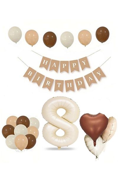 Öz-bal Retro Birthday Set for All Ages; Cream Numeral Foil, Banner, Heart Foil and Latex Balloon