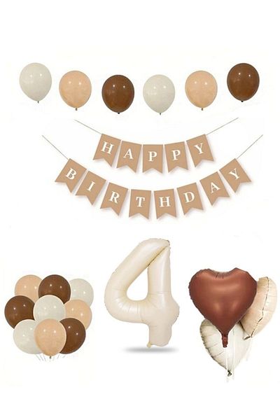 Öz-bal Retro Birthday Set for All Ages; Cream Numeral Foil, Banner, Heart Foil and Latex Balloon