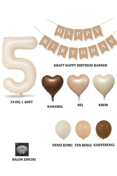 Öz-bal Retro Birthday Set for All Ages; Cream Numeral Foil, Banner, Heart Foil and Latex Balloon