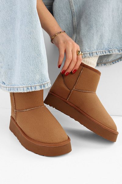 Shoeberry Tan Textile - Γυναικείες Μπότες Suede, Κοντό μοντέλο με γούνα στο εσωτερικό
