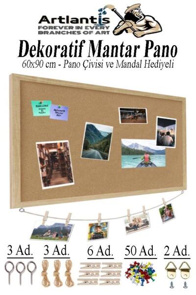 Artlantis Dekoratif Mantar Pano Ahşap Çerçeve 60x90 cm 1 Adet Harita Çivisi H...