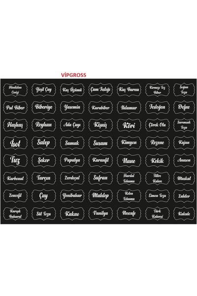 vipgross Baharat Etiketi 56'lı Mutfak Kavanoz Etiketi Siyah
