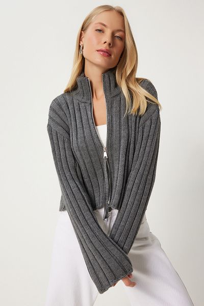 Lovelyİstanbul Cardigan de tricotaj cu fermoar cu guler ridicat - ANTRACIT LPF0054