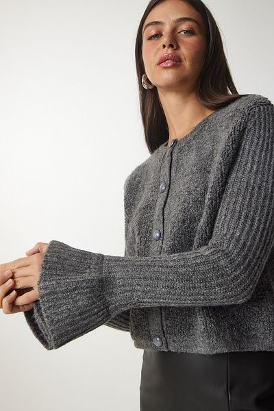 Lovelyİstanbul Grey Knitwear Boucle Cardigan - Buttoned, Lyy0067