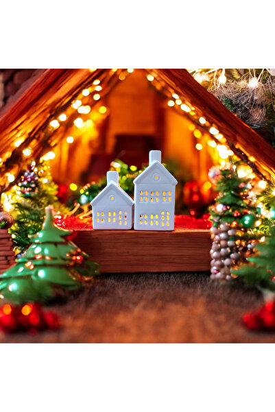 Binbirdemet 2'li Küçük Set Ev Figürlu Dekoratif Mumluk Beyaz