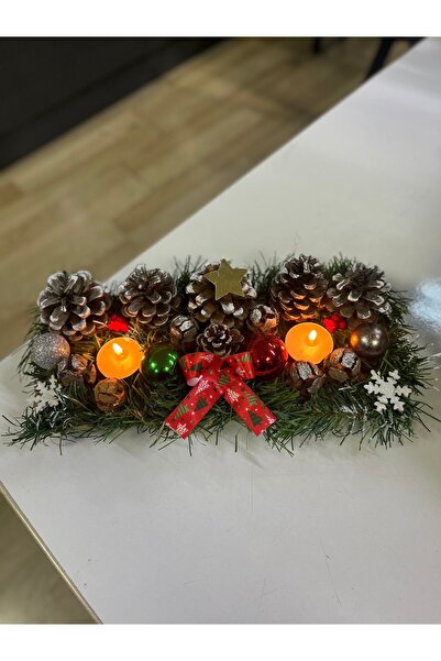 Elioure Noel Yılbaşı Dekoratif Kütük Yılbaşı Sofrası Dekoru, Kozalaklı Mumlu Yılbaşı Masa Çiçeği