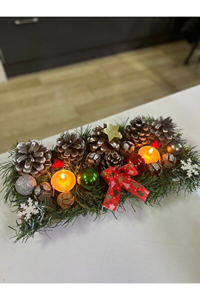 Elioure Noel Yılbaşı Dekoratif Kütük Yılbaşı Sofrası Dekoru, Kozalaklı Mumlu Yılbaşı Masa Çiçeği