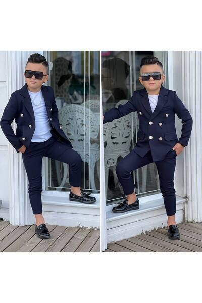 modavals 4 Parça 6 Düğmeli Ceketli Erkek Çocuk Takım Elbise - Beyaz Tshırt