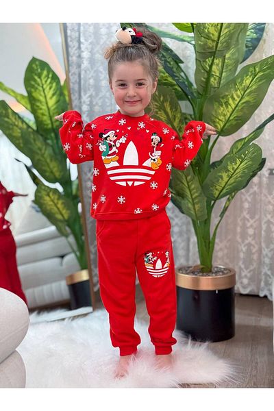 SERAP KİDS New Year (CHRISTMAS, CHRISTMAS) 3 Thread Cotton Children's Bottom Top Double Tracksuit Set