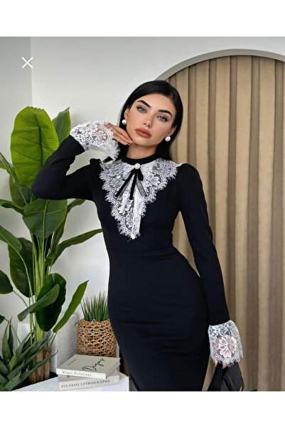 Afiş Butik Siyah Dantel Detaylı Yaka Broşlu Uzun Elbise