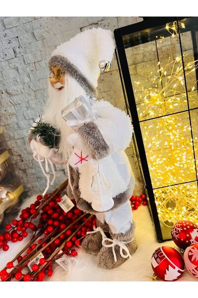 Elioure Yılbaşı Süsü Dekoru Dekoratif Hediye Çuvallı Fenerli Beyaz Noel Baba Figür 45 Cm