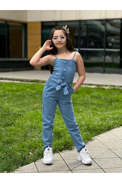 modavals Salopetă din denim pentru fete - Fermoar la spate și detaliu curea în talie