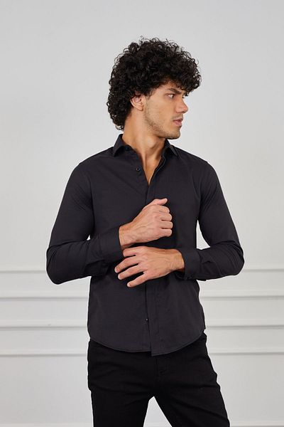 jack carisma Μαύρο Slim Fit Underwire Βαμβακερό Ανδρικό Πουκάμισο - Κρυφό Πατιλέτα, Κανονικό Γιακά
