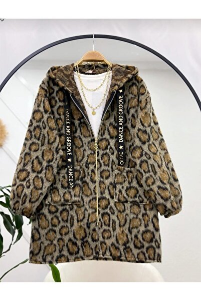 Genel Markalar Kapüşonlu Fermuarlı Leopar Desen Kaban
