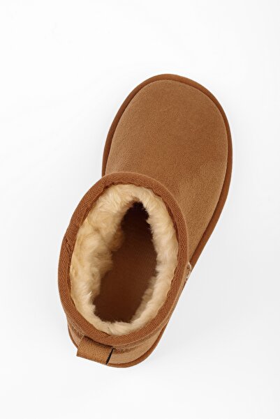 Shoeberry Γυναικείες κοντές σουέτ φλατ μπότες Upps Tan με γούνινο εσωτερικό