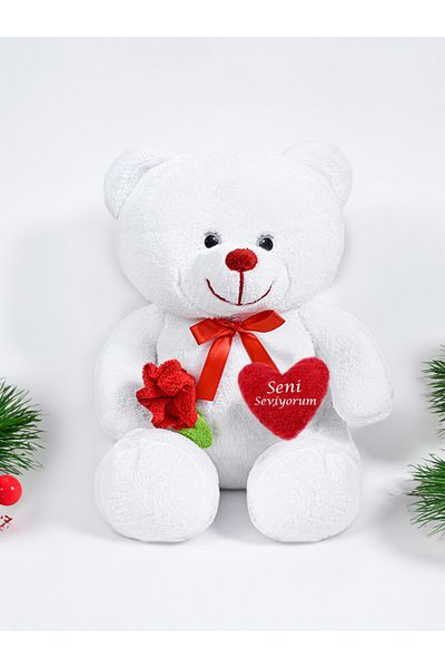 Princess Bear 75 cm White, Pink, Red Plush Love Bear - Red Heart and Rose Detailed Toy