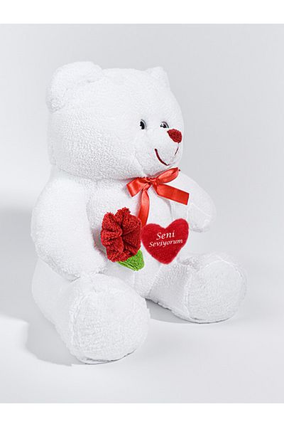Princess Bear 75 cm White, Pink, Red Plush Love Bear - Red Heart and Rose Detailed Toy