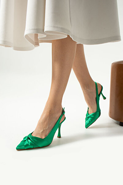Pazzyonez Mais pantofi cu toc de damă din satin verde cu noduri în față