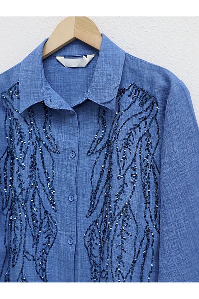 Modamorfo Hemd mit Pailletten-Stickerei und Knöpfen – Indigo