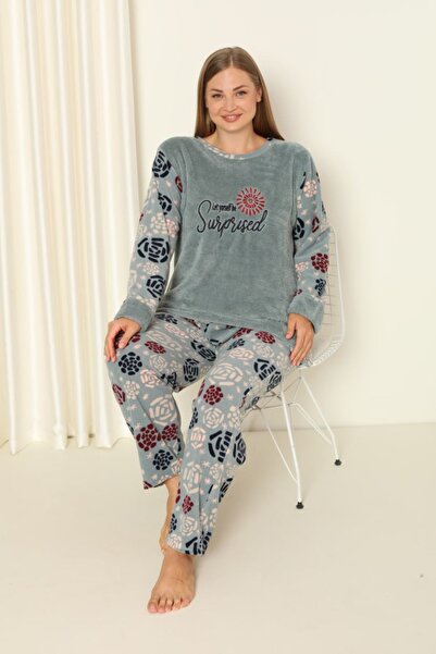 dealp Women's Winter Plus Size Fleece Plush Pajamas Set
