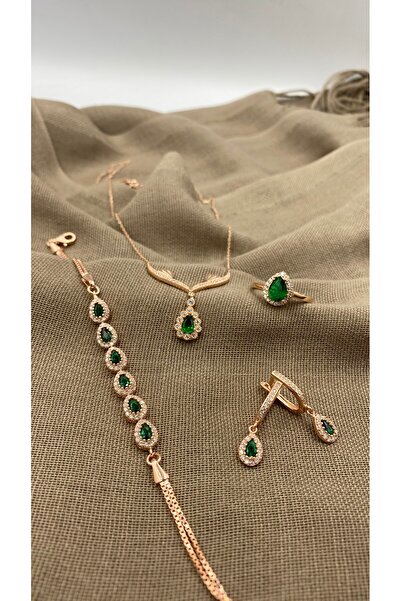 SURA SILVER YEŞİL DAMLA MODEL ZİRKON TAŞ 925 AYAR ROSE GÜMÜŞ SET (KOLYE,BİLEK...