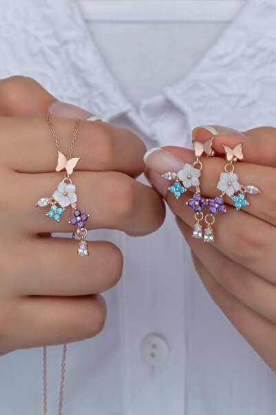 Nereze 925 Ayar Gümüş Kelebek ve Yonca Bahar Çiçeği Manolya Kolye ve Küpe Set