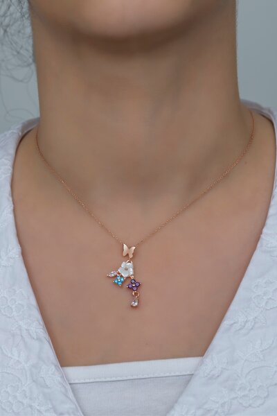 Nereze 925 Ayar Gümüş Kelebek ve Yonca Bahar Çiçeği Manolya Kolye ve Küpe Set