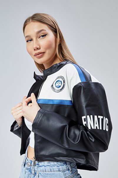 Black Level Palton motociclist oversize pentru femei - Jachetă de curse cu dungi din piele, fermoar scurt, paltoane Bomber College