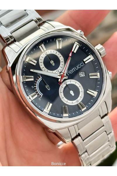 Ferrucci Brand Silver Color Steel Band Navy Blue Dial Men Wristwatch Rosary Bracelet