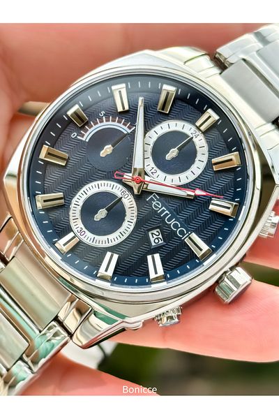 Ferrucci Brand Silver Color Steel Band Navy Blue Dial Men Wristwatch Rosary Bracelet