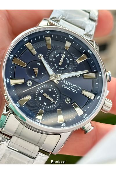 Ferrucci Brand Silver Color Steel Band Navy Blue Dial Men Wristwatch Rosary Bracelet