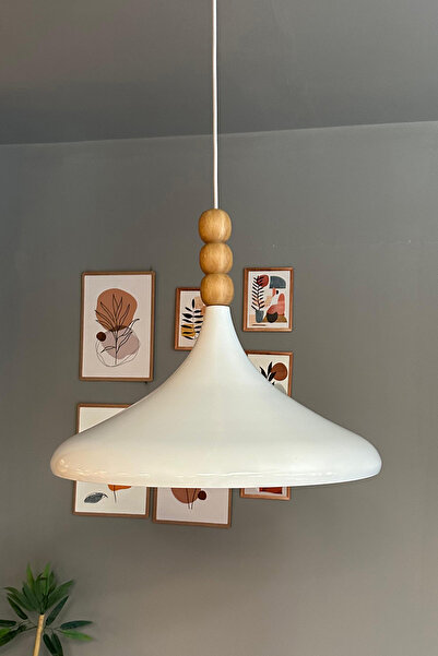 Bamyum 45 Cm Çaplı Champion Xl Beyaz Ahşap Boncuklu Avize Tekli Sarkıt Lamba Restoran Salon Mutfak Avize