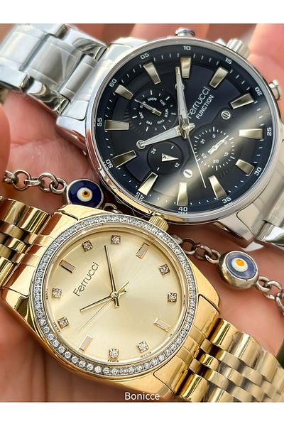 Ferrucci Brand Steel Cord Silver Yellow Color Dear Couple Wristwatches Rosary Bracelet