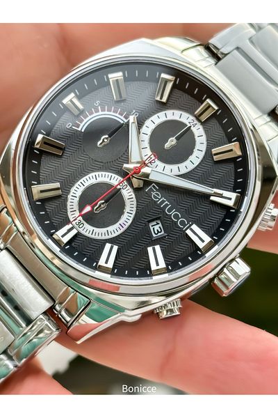 Ferrucci Brand Silver Color Steel Band Black Dial Men Wristwatch Rosary Bracelet