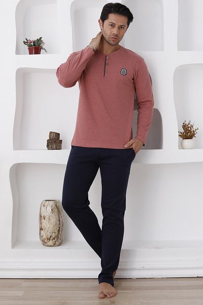 ERDENİZ TEKSTİL Men's Pajama Set with Long Sleeve Buttons and Pockets - Cuffless Sleeve and Leg - Fall/Winter Season