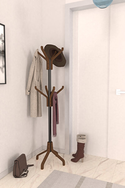 VİLİNZE Vesti Ahşap Kestane Ayaklı Metal Portmanto Elbise Askılık